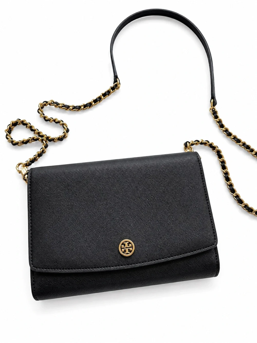 Tory Burch Black Leather Chain Strap Crossbody with Gold Logo